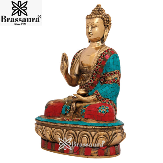 Brassaura® Buddha Sitting in Blessing Mudra Idol with Gem Stone Work Finish | Pure Superfine Brass Handcrafted Murti | Brass Statue for Home Temple, Pooja Room | Height 12 Inches | Weight 4.8 Kgs