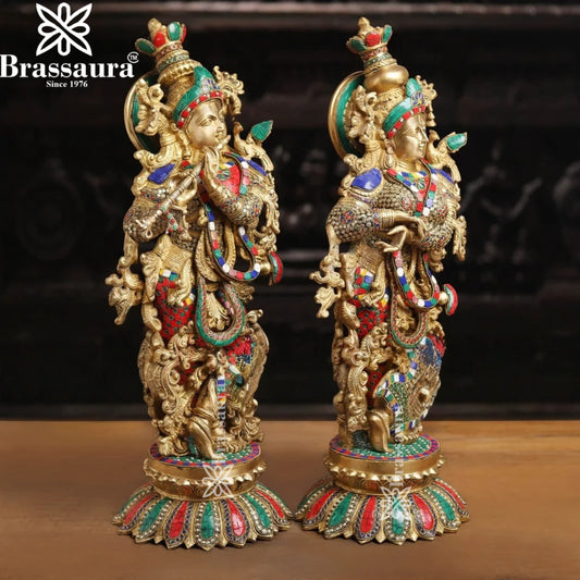 Brass Gem Stone Work Radha Krishna Murti Weight 37.62 Kg And Height 26 Inch