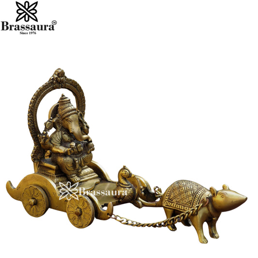 Brass Ganesha On Mushak Chariot Weight 2.2 Kg & Height 7 Inch