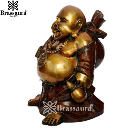 Brassaura® Laughing Buddha Seated Idol with Golden & Dark Brown Patina Finish | Pure Superfine Brass Handcrafted Murti | Brass Statue for Home Temple, Pooja Room | Height 20 Inches | Weight 21 Kgs