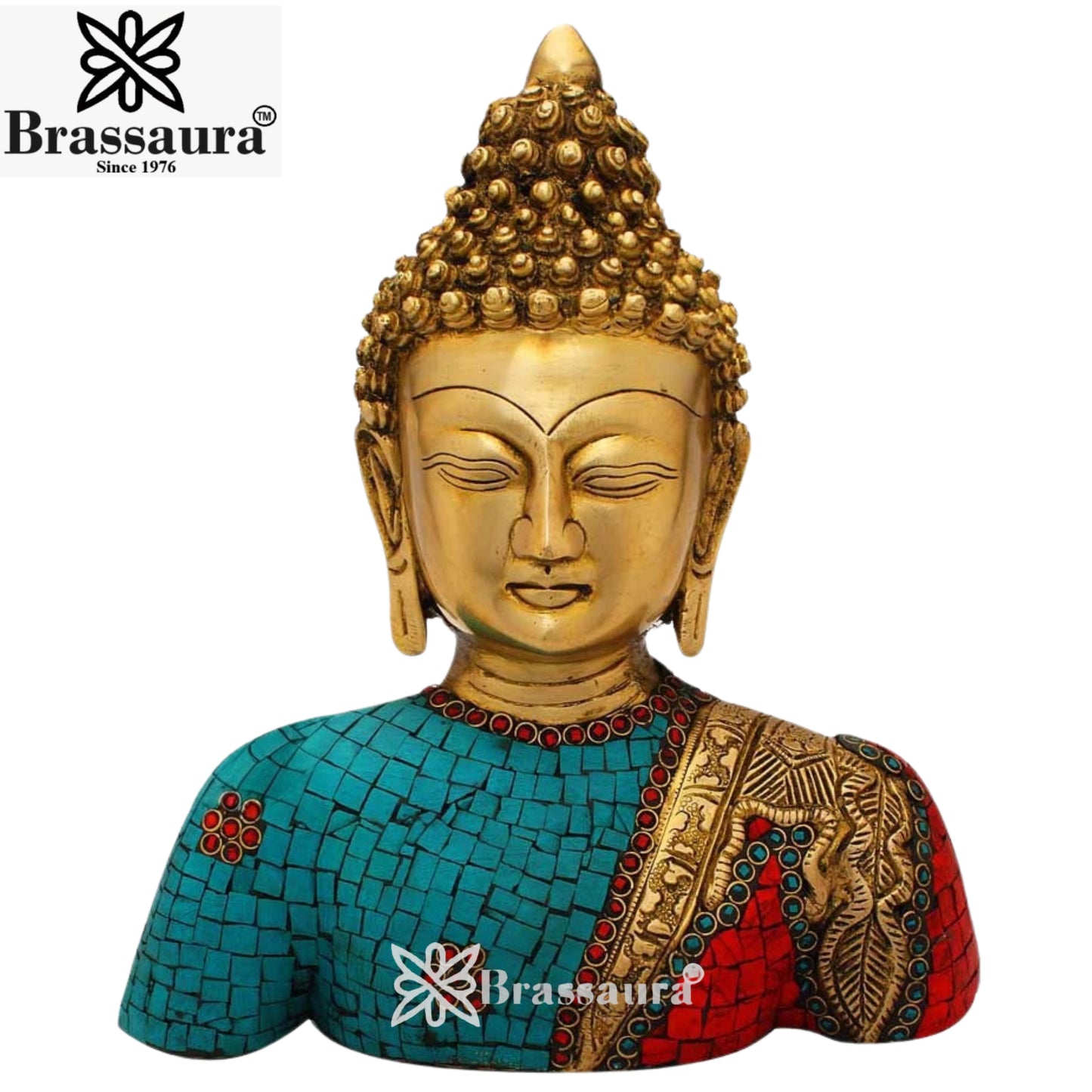 Brass Head Gem Stone Work Buddha Weight 3.7 kg & Height 11 Inch