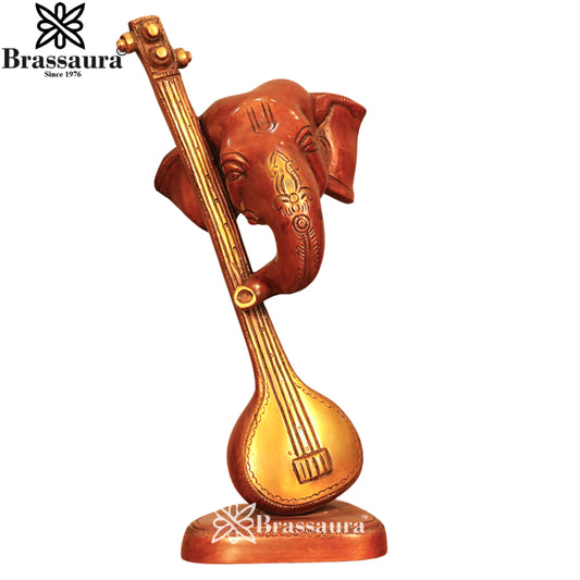 Brass Ganesha & Guitar Statue Weight 2.8 Kg & Height 11.6 Inch