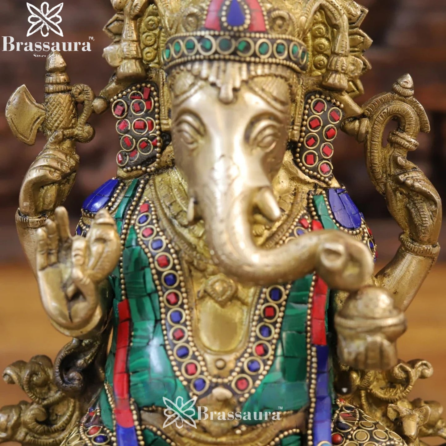 Brass Gem Stone Work Lotus Ganesha Weight 5.36 Kg & Height 12 Inch