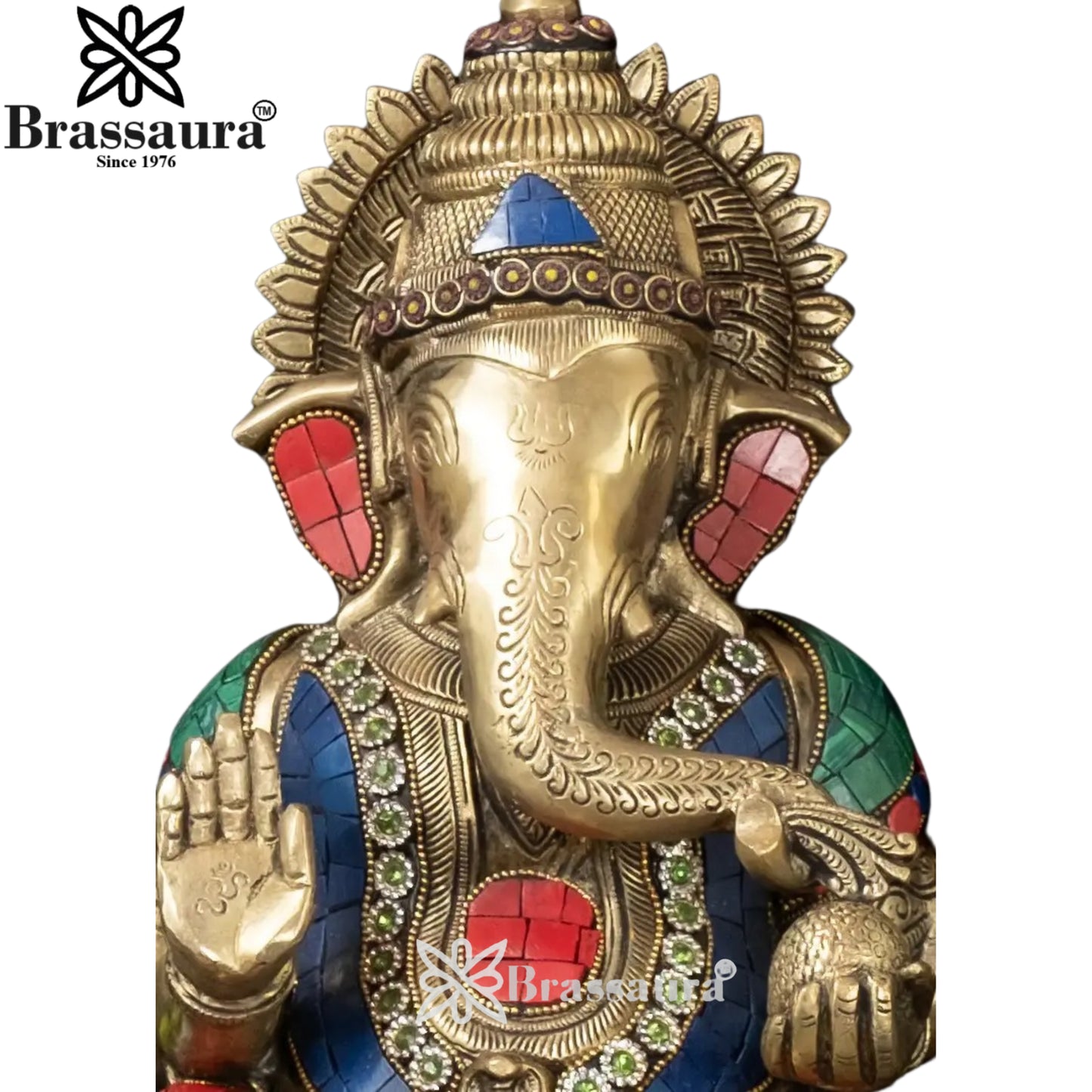Brass Gem Stone Work Ganesha Statue Weight 8.96 Kg And Height 13.75 Inch