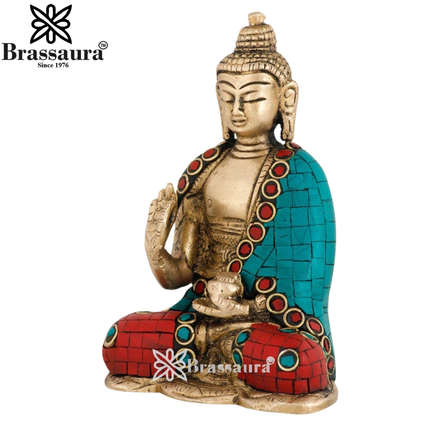 Brass Blessing Gem Stone Work Buddha Weight 0.7 kg & Height 4.5 Inch