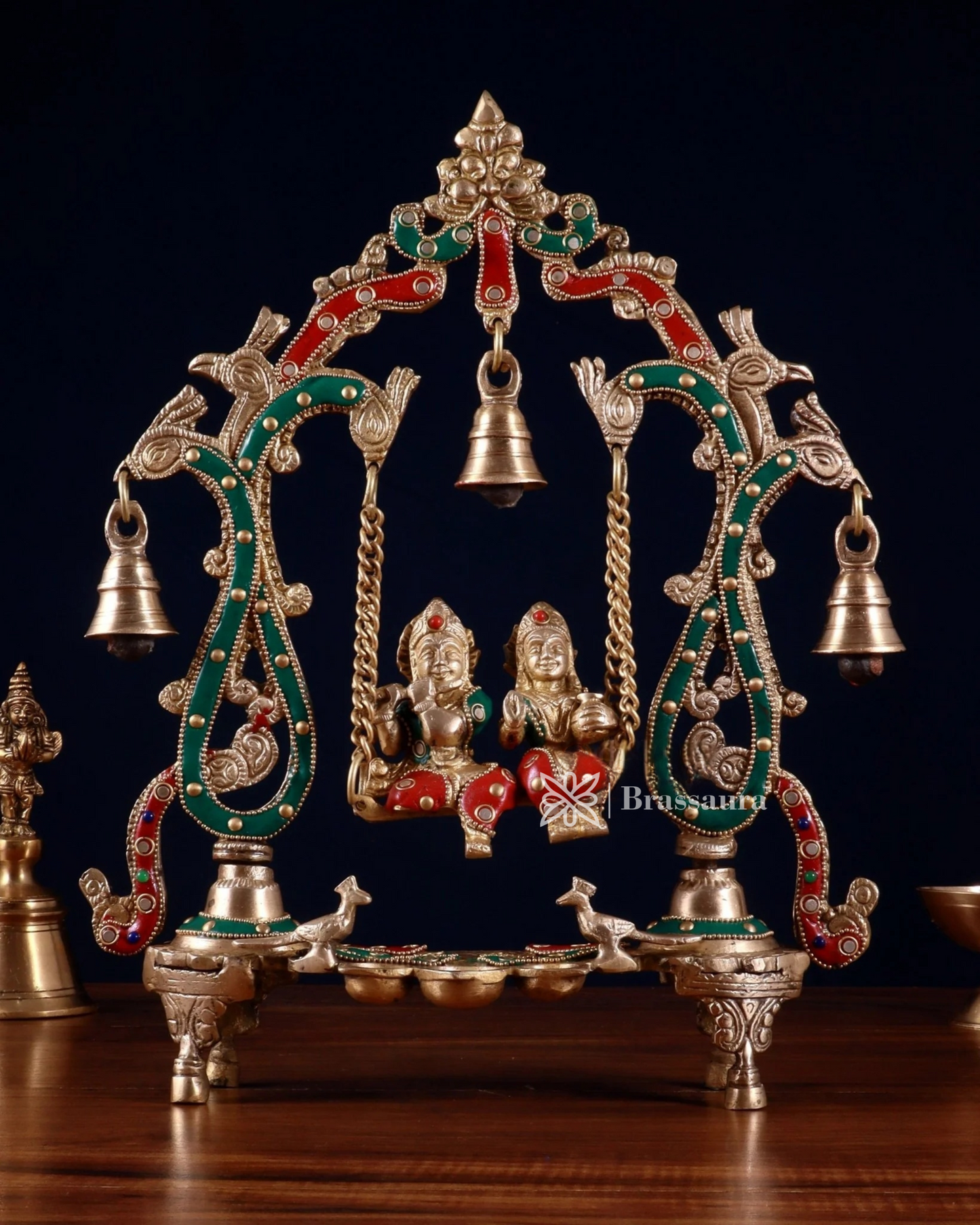 Brassaura™ Brass Radha Krishna Swing Idol with Diyas, Peacocks & Bells – Height 13.5 Inches & Weight 2.4 Kgs | Elegant Devotional Statue