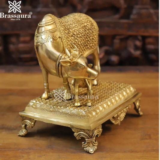 Brassaura™ Brass Kamdhenu Cow & Calf Idol – Height 9.5 Inches & Weight 6.92 Kgs | Divine Home & Pooja Sculpture