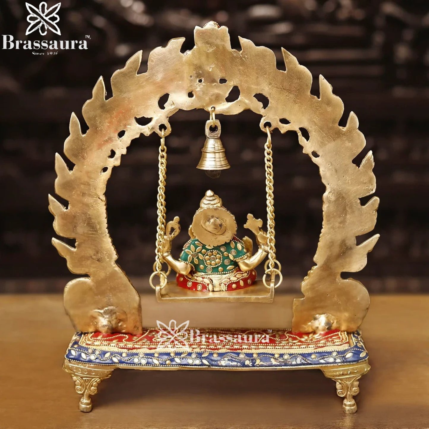 Brass Gem Stone Work Ganesha Jhula Weight 5.3 Kg & Height 15 Inch