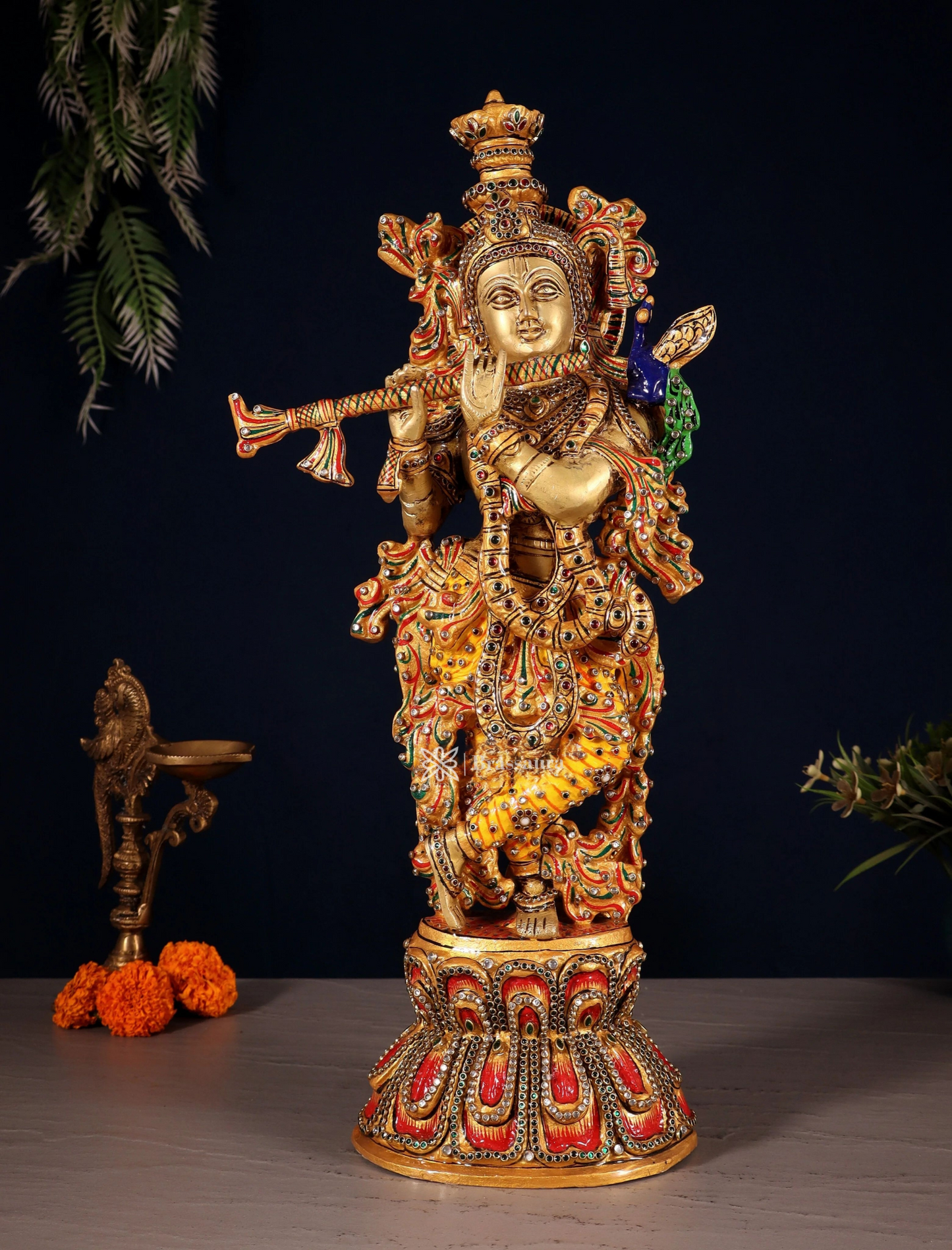 Brassaura™ Brass Krishna Statue with Natural Stones – Height 21" | Weight 9 Kgs
