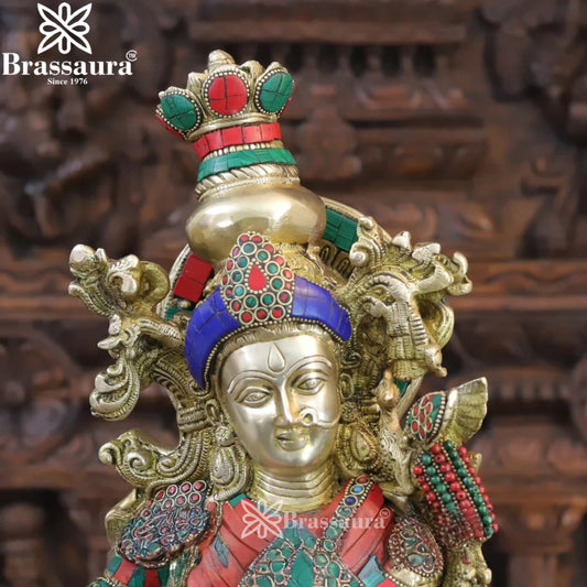 Brass Gem Stone Work Radha Krishna Murti Weight 32.34 Kg And Height 30 Inch