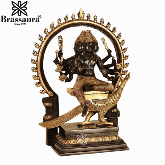 Brassaura® Vintage Finished Murugan Brass Statue with Peacock Vahana | Chola Sculpted Superfine Brass Idol | Height 17.5 Inches