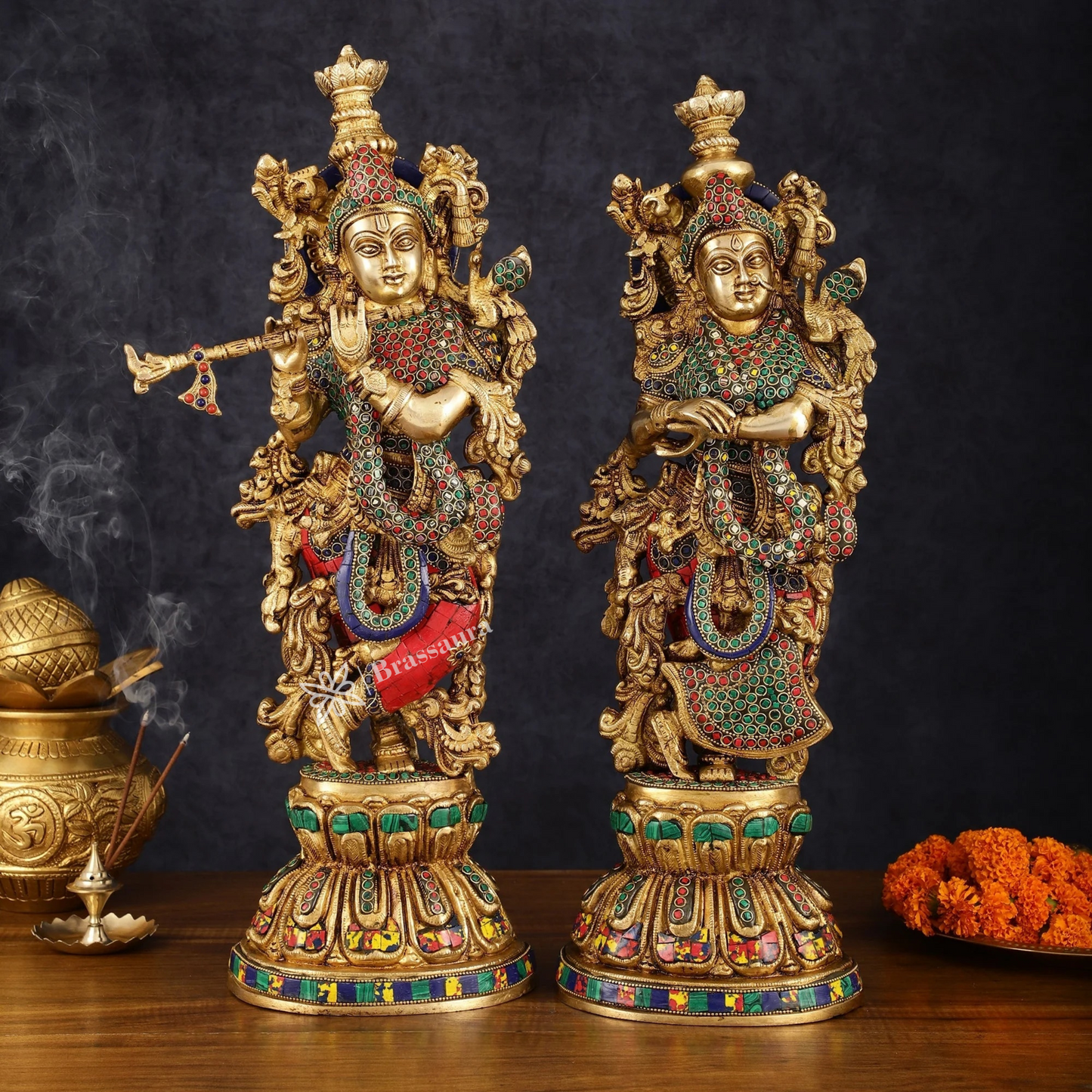 Brassaura™ Brass Radha Krishna Statues – 21 Inch Height, 18 Kg Pair | Handcrafted Indian Home Decor