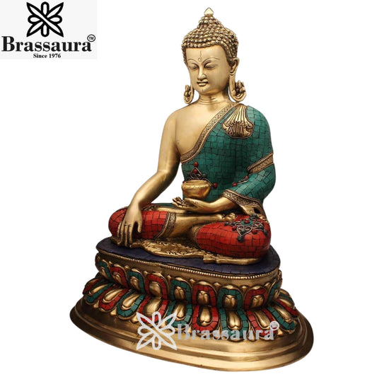 Brassaura® Classic Gem Stone Work Buddha Idol for Home & Décor | Pure Superfine Brass Handcrafted Murti, Brass Statue for Home Temple, Pooja Room | Height 22 Inches | Weight 18 Kg