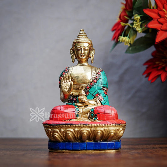 Brass Blessing Gem Stone Work Buddha Weight 1 kg & Height 7 Inch