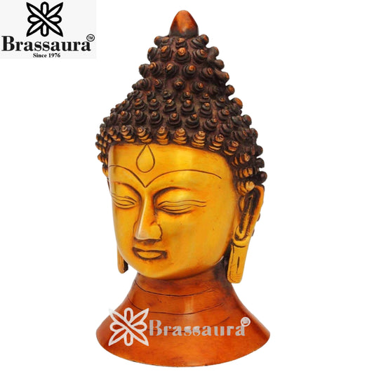 Brassaura® Artistic Buddha Bust for Home & Décor | Pure Superfine Brass Handcrafted Murti, Brass Statue for Home Temple, Pooja Room | Height 8 Inches | Weight 2.3 Kg