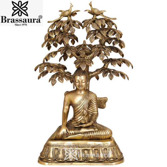 Brassaura™ Brass Buddha With Tree – Height 31 Inches & Weight 37 Kgs | Artistic Handcrafted Idol for Peaceful Interiors