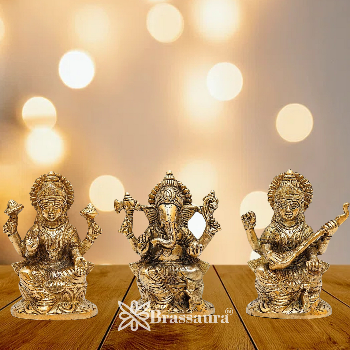 Brassaura™ Brass Laxmi Ganesha Saraswati Idol – Height 5 Inches & Weight 3.3 Kgs | Home & Temple Murti