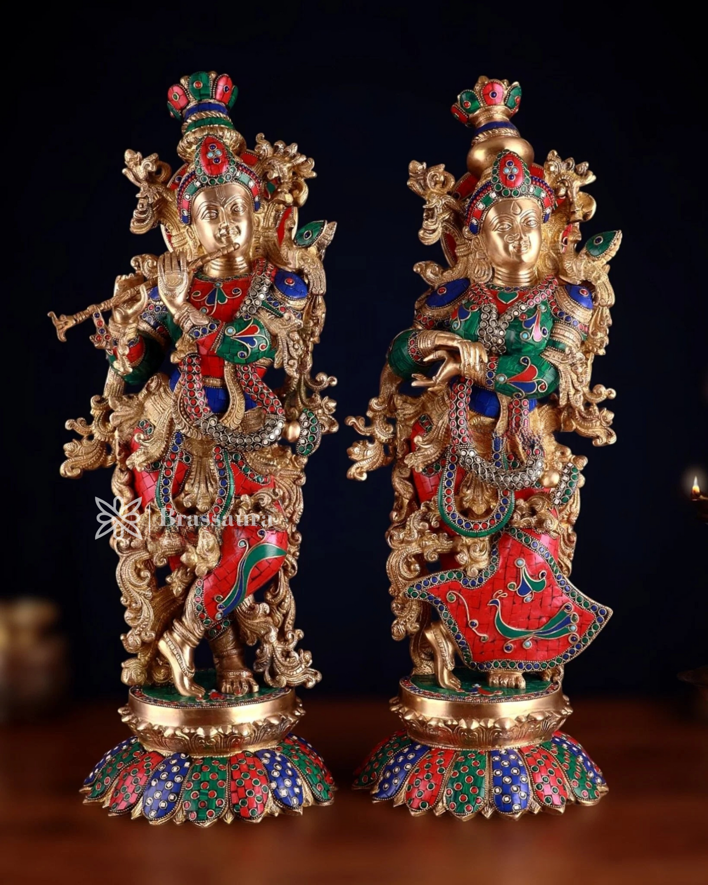 Brassaura™ Handcrafted Brass Radha Krishna Idol Pair with Lotus Base – Height 27 Inches & Weight 40 Kgs | Elegant Devotional Statue