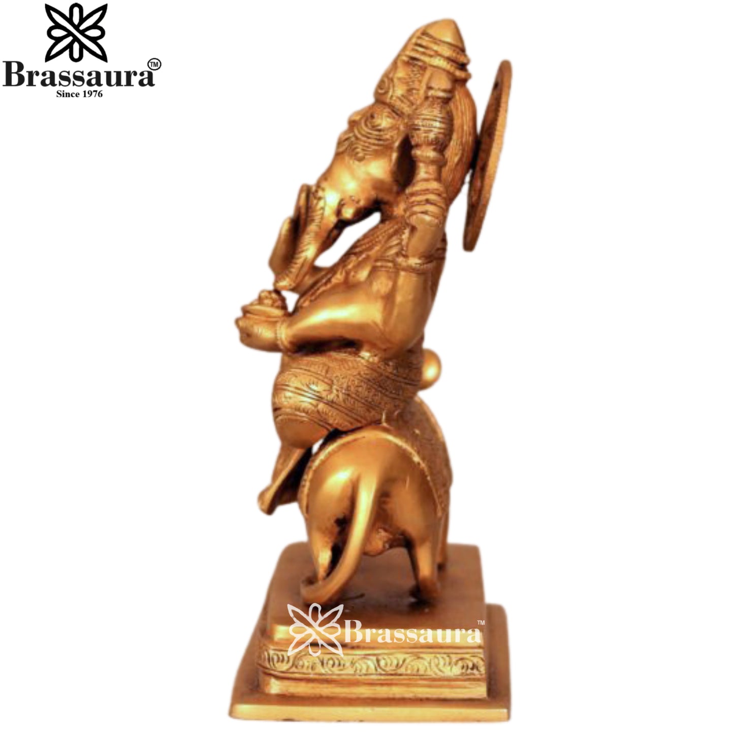 Brass Ganesha On Rat Statue Weight 3.7 Kg & Height 10 Inch