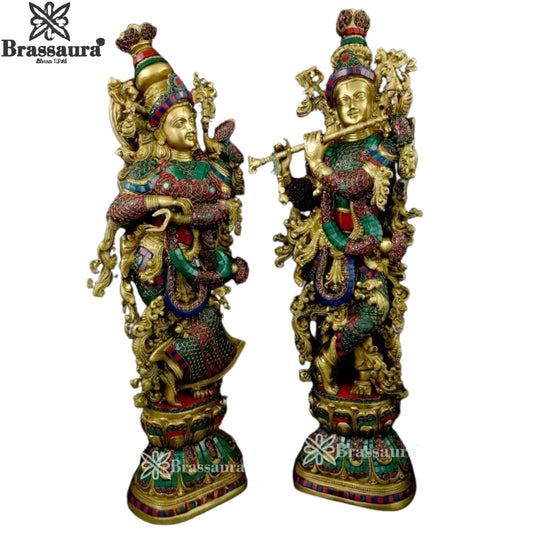 Brass Gem Stone Work Radha Krishna Murti Weight 33 Kg And Height 30 Inch