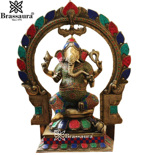 Brass Gem Stone Ganesha Statue Weight 12.63 Kg & Height 18 Inch