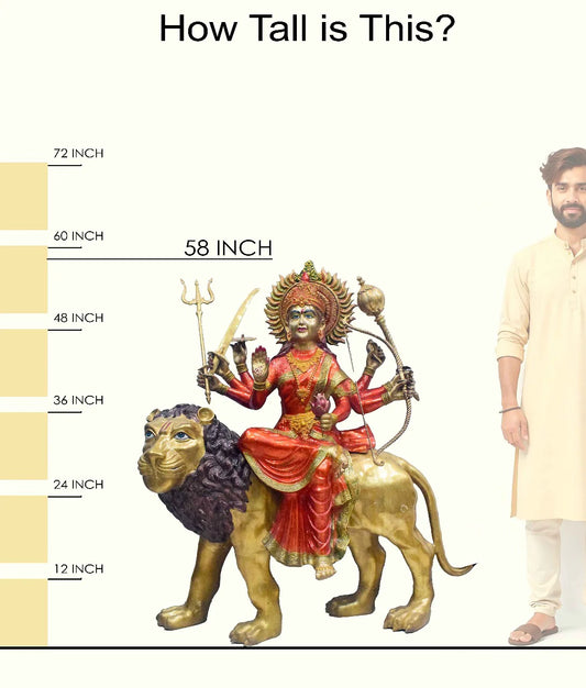 Brassaura® Brass Goddess Durga on Lion Statue | Height 58 Inches