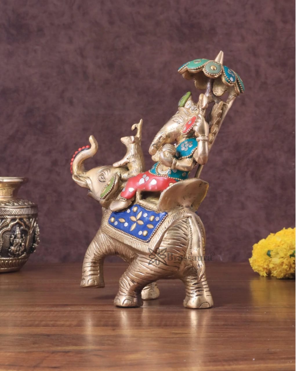 Handcrafted Brass Ganesha on Ambari with Meenakari Stonework – Height 9.5 Inches, Weight 3 Kgs