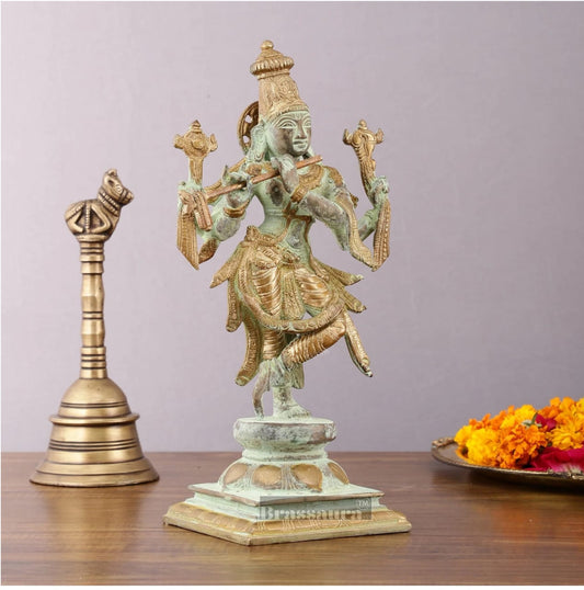 BrassAura™ Brass Krishna Roopam Vishnu Sculpture – Sand Blast Finish | Height 12 Inch | Weight 3.9 Kg
