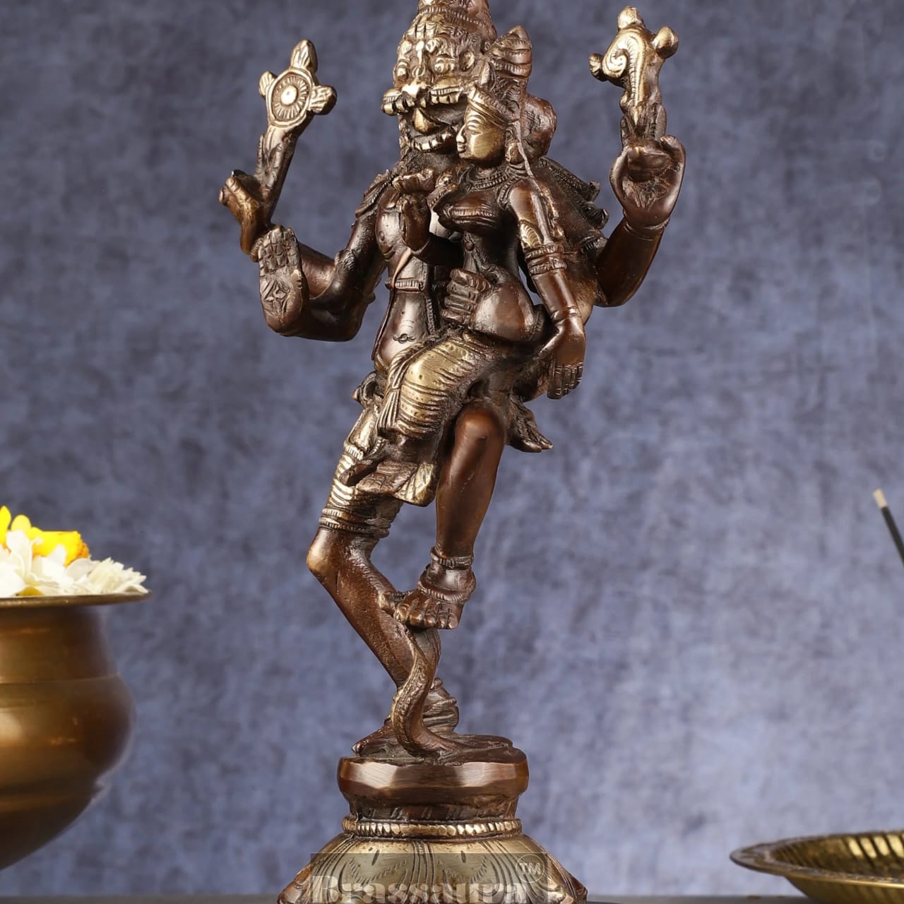 Brassaura™ Pure Brass Lord Narasimha with Goddess Lakshmi Idol – 12 Inch Height, 3 kg Weight | Handcrafted Hindu Statue for Home & Temple