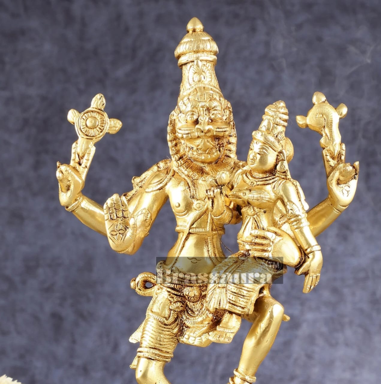 Brassaura™ Pure Brass Lord Narasimha with Goddess Lakshmi Idol – 12 Inch Height, 3 kg Weight | Handcrafted Hindu Statue for Home & Temple