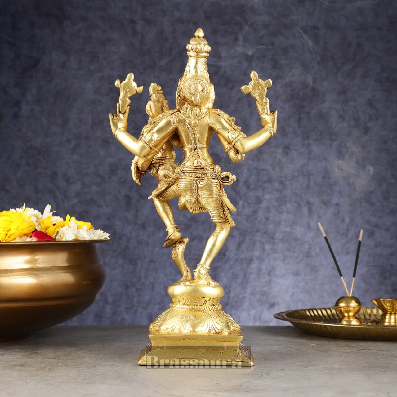 Brassaura™ Pure Brass Lord Narasimha with Goddess Lakshmi Idol – 12 Inch Height, 3 kg Weight | Handcrafted Hindu Statue for Home & Temple