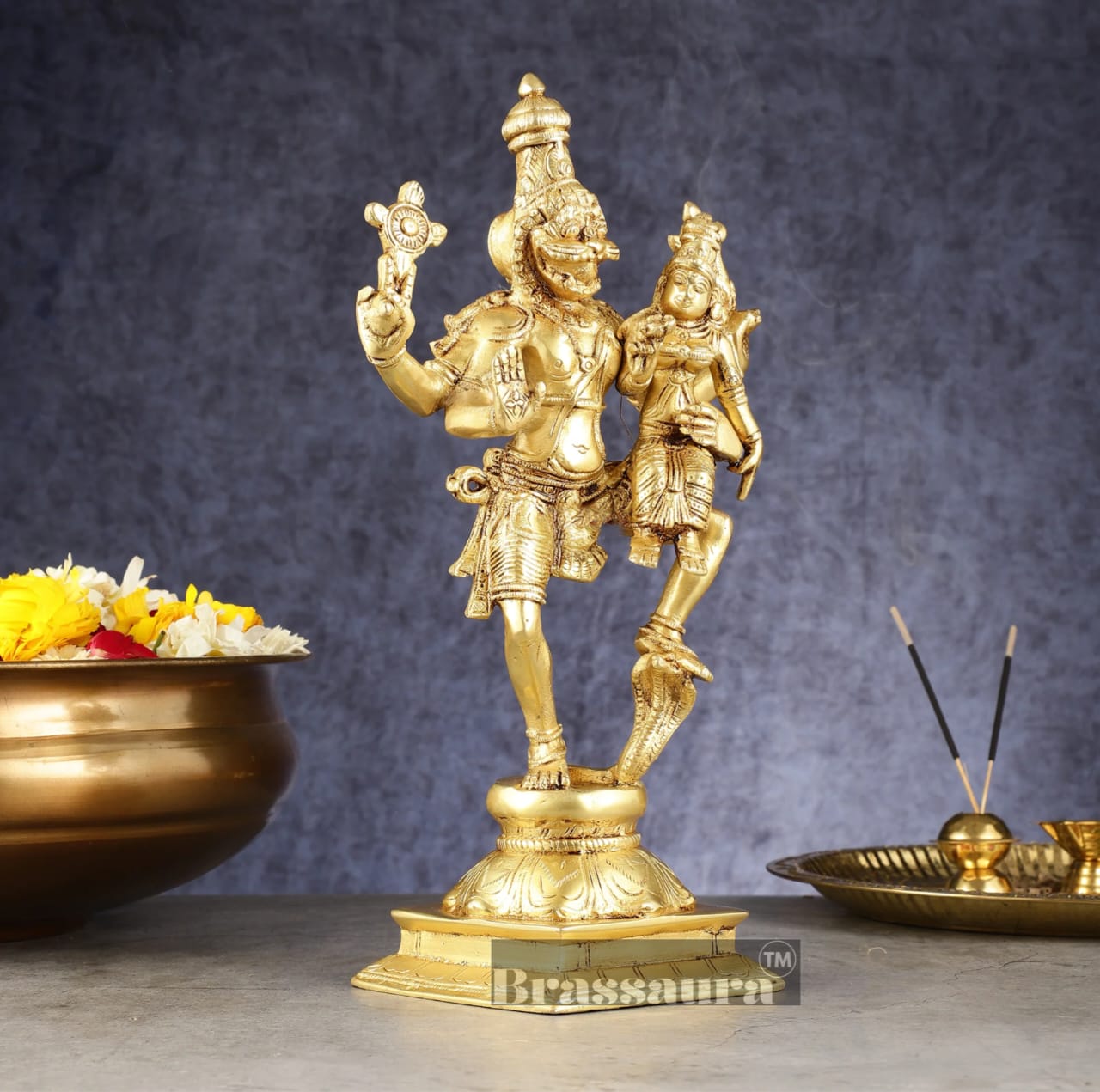 Brassaura™ Pure Brass Lord Narasimha with Goddess Lakshmi Idol – 12 Inch Height, 3 kg Weight | Handcrafted Hindu Statue for Home & Temple