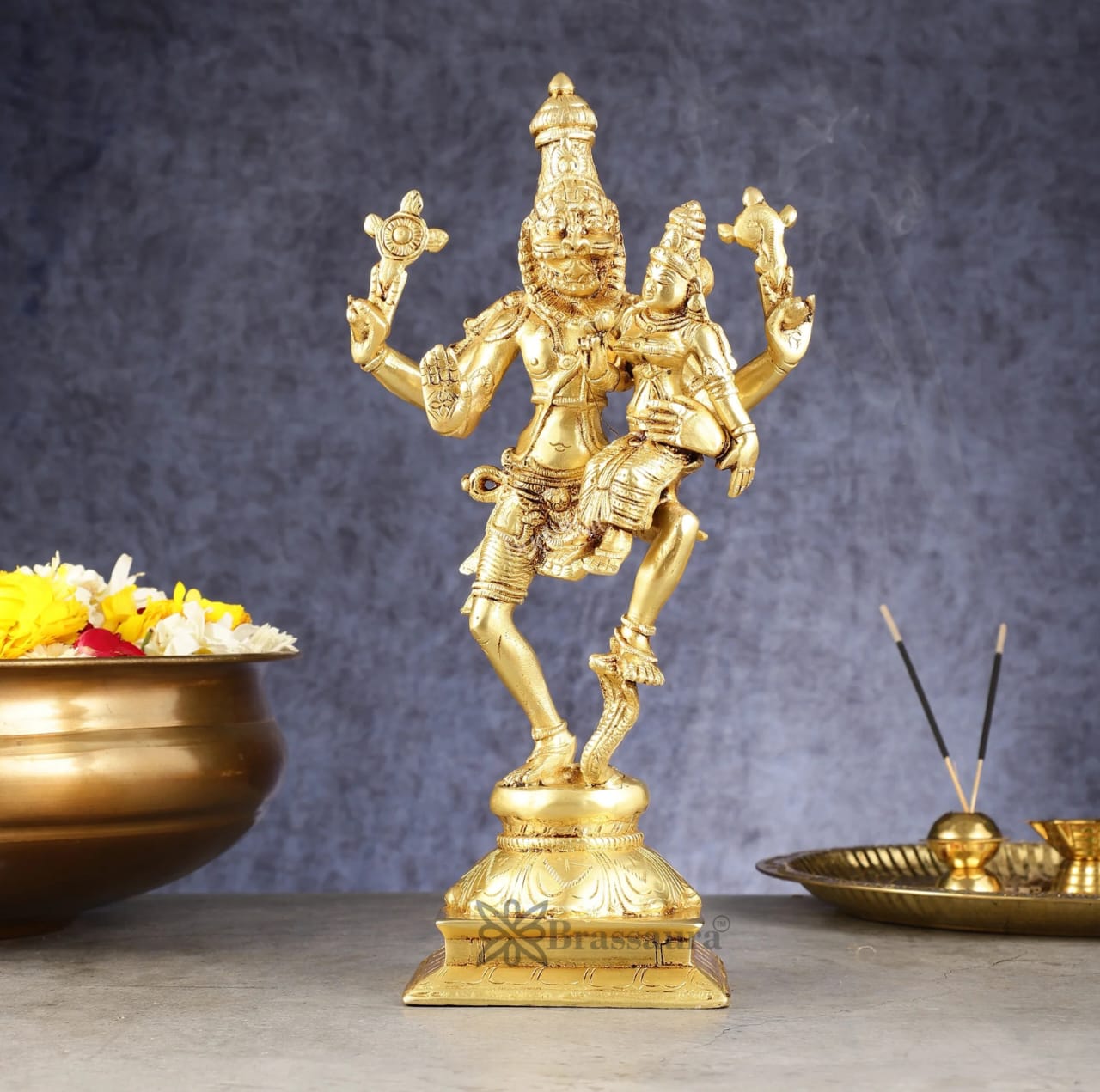 Brassaura™ Pure Brass Lord Narasimha with Goddess Lakshmi Idol – 12 Inch Height, 3 kg Weight | Handcrafted Hindu Statue for Home & Temple