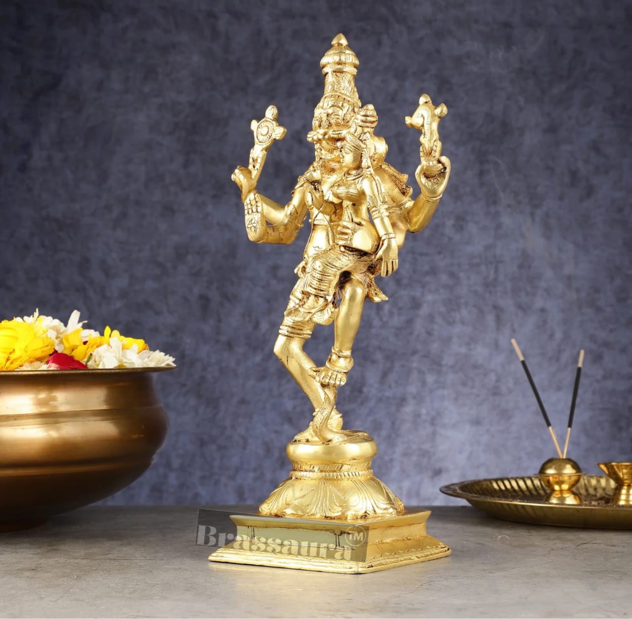 Brassaura™ Pure Brass Lord Narasimha with Goddess Lakshmi Idol – 12 Inch Height, 3 kg Weight | Handcrafted Hindu Statue for Home & Temple