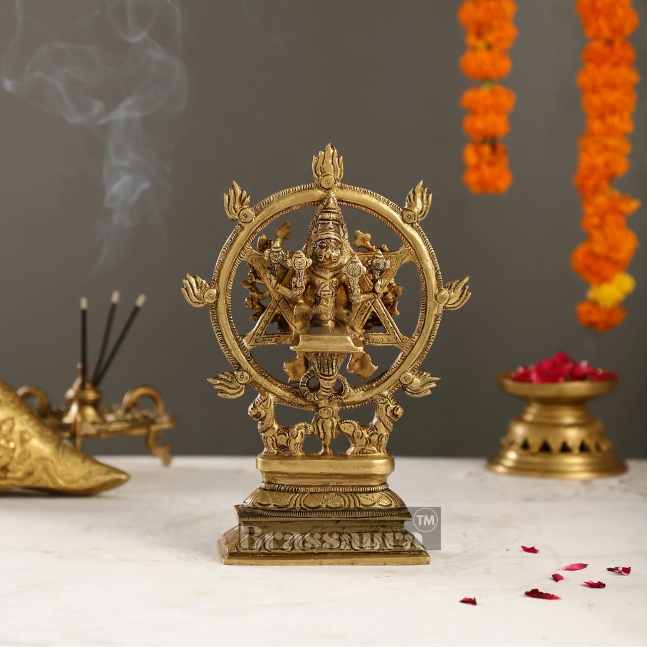 Brassaura™ Pure Brass 16-Armed Lord Vishnu with Meditative Narasimha – 9.5 Inch Height, 2.2 kg Weight | Handcrafted Hindu Idol