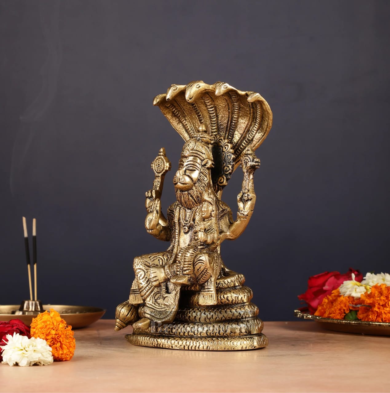 Brassaura™ Pure Brass Narasimha with Lakshmi Statue – 8 Inch Height, 2.2 kg Weight | Handcrafted Hindu Idol for Pooja & Home Decor