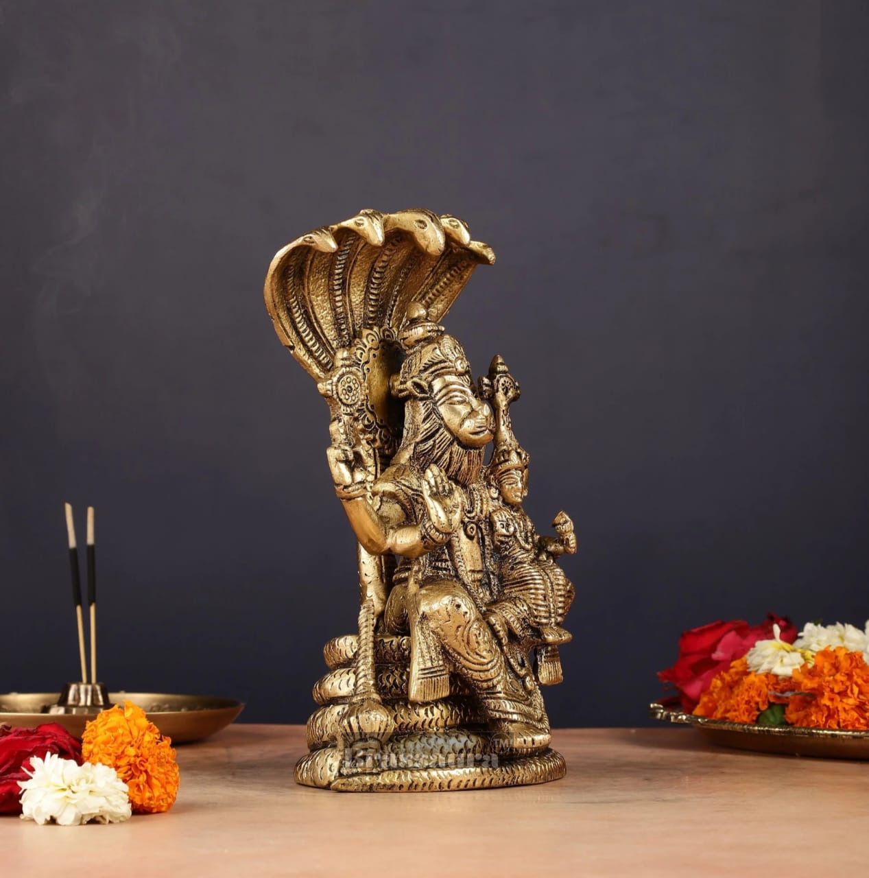 Brassaura™ Pure Brass Narasimha with Lakshmi Statue – 8 Inch Height, 2.2 kg Weight | Handcrafted Hindu Idol for Pooja & Home Decor