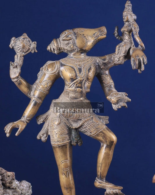 Brassaura™ Pure Brass Lord Varaha with Bhooma Devi Idol – 17.5 Inch Height, 6.3 kg Weight | Handcrafted Hindu Statue for Temple & Home