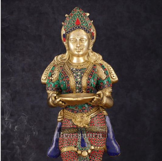 Brassaura™ Brass Deep Lakshmi Pavaai Vilakku – 10 KG | 23 Inch Height | Traditional Stone-Embellished Lamp
