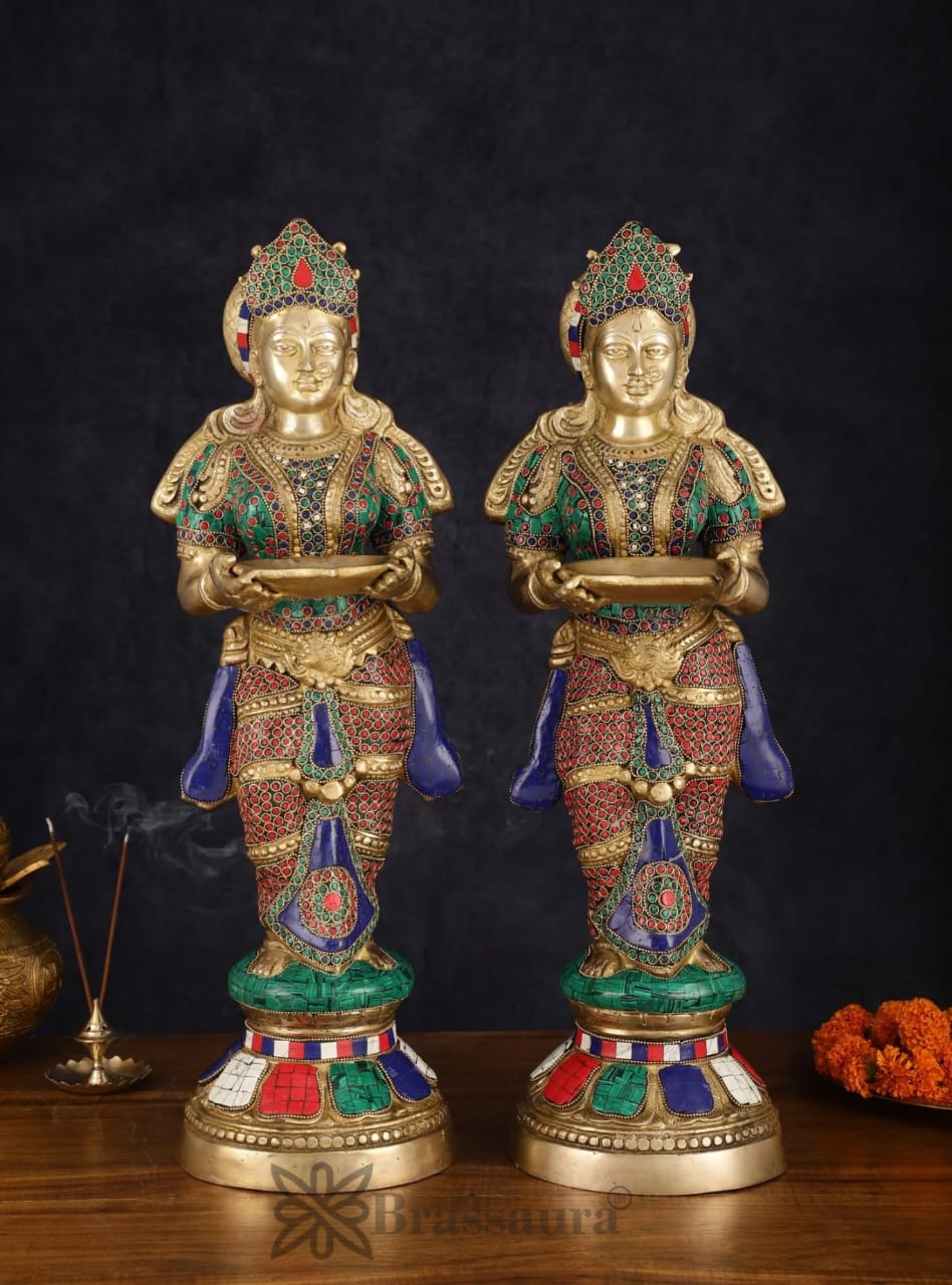 Brassaura™ Brass Deep Lakshmi Pavaai Villaku with Stonework – Height 23 Inches | Available as Single (8.5 Kgs) or Pair (17 Kgs)