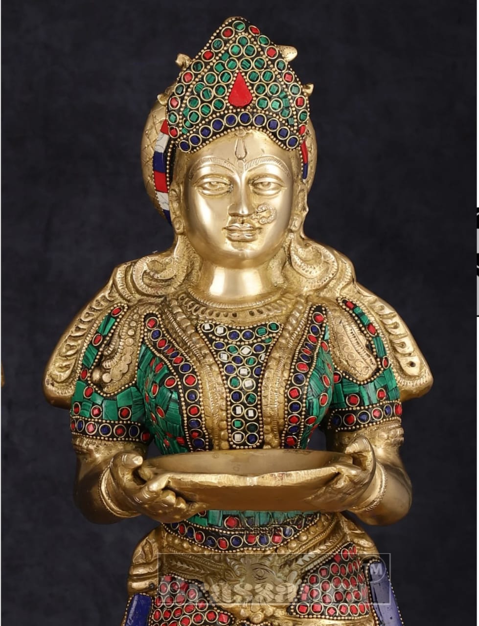 Brassaura™ Brass Deep Lakshmi Pavaai Villaku with Stonework – Height 23 Inches | Available as Single (8.5 Kgs) or Pair (17 Kgs)