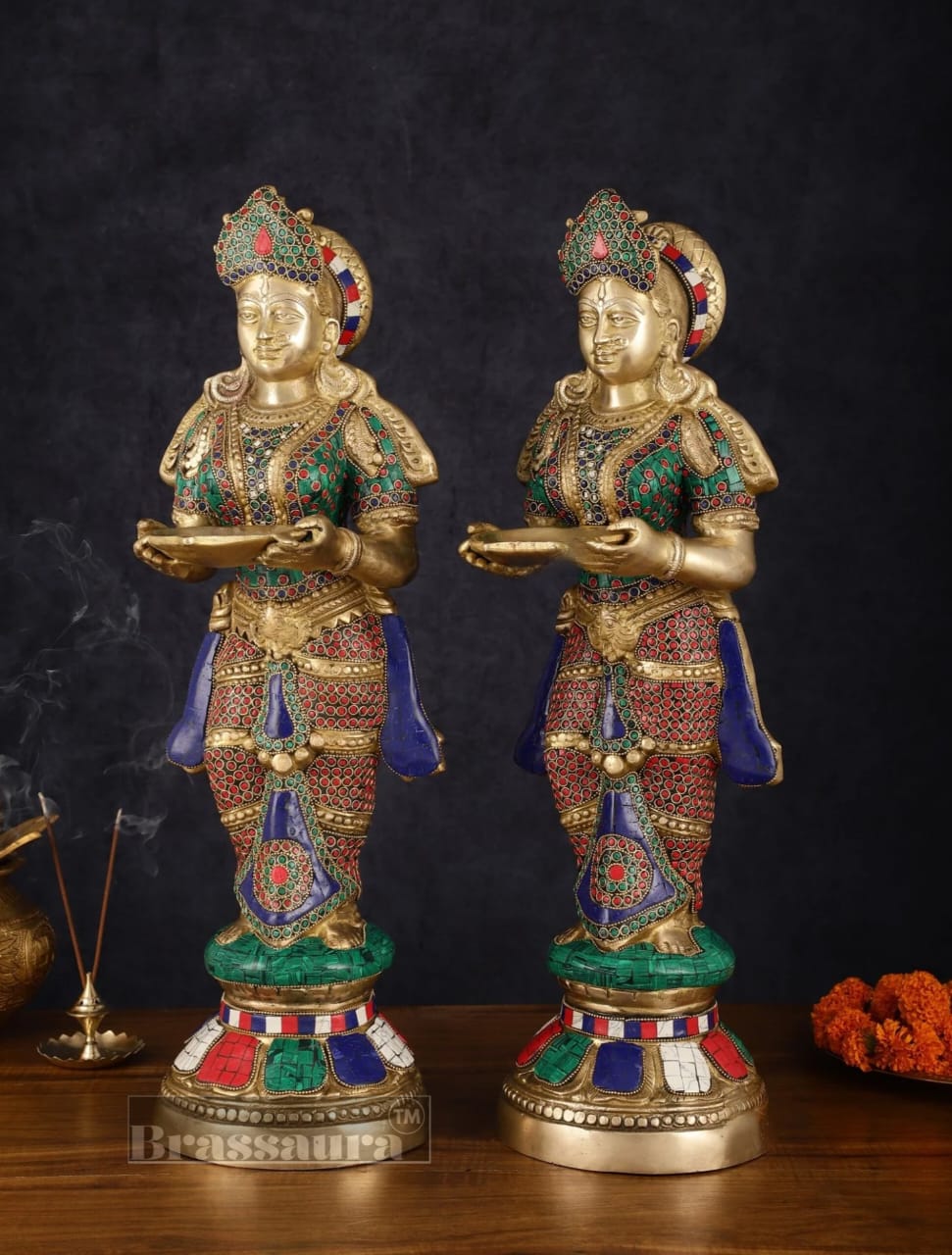 Brassaura™ Brass Deep Lakshmi Pavaai Villaku with Stonework – Height 23 Inches | Available as Single (8.5 Kgs) or Pair (17 Kgs)