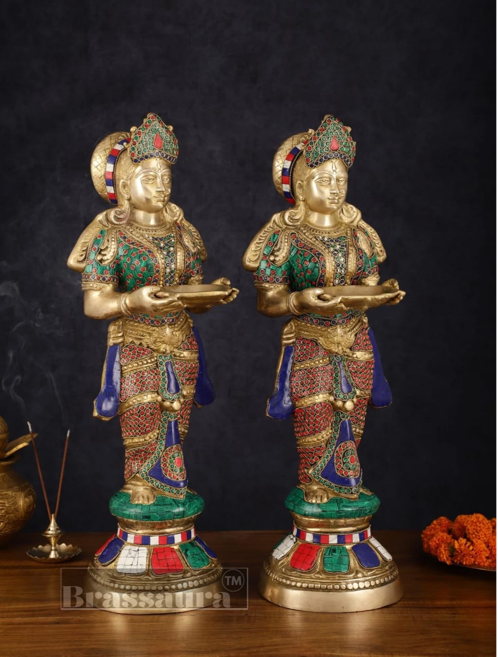 Brassaura™ Brass Deep Lakshmi Pavaai Villaku with Stonework – Height 23 Inches | Available as Single (8.5 Kgs) or Pair (17 Kgs)