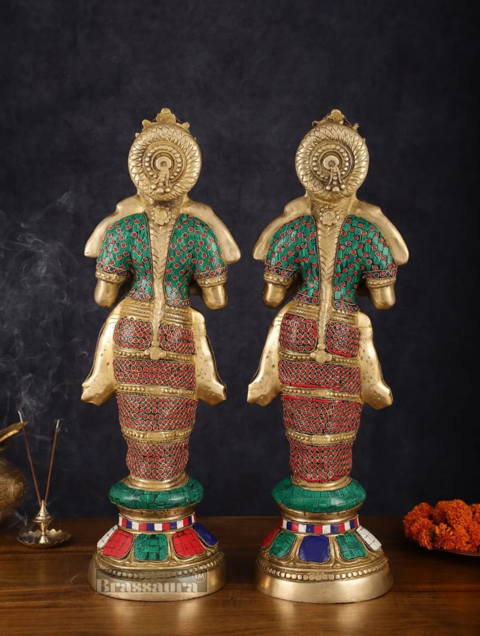 Brassaura™ Brass Deep Lakshmi Pavaai Villaku with Stonework – Height 23 Inches | Available as Single (8.5 Kgs) or Pair (17 Kgs)