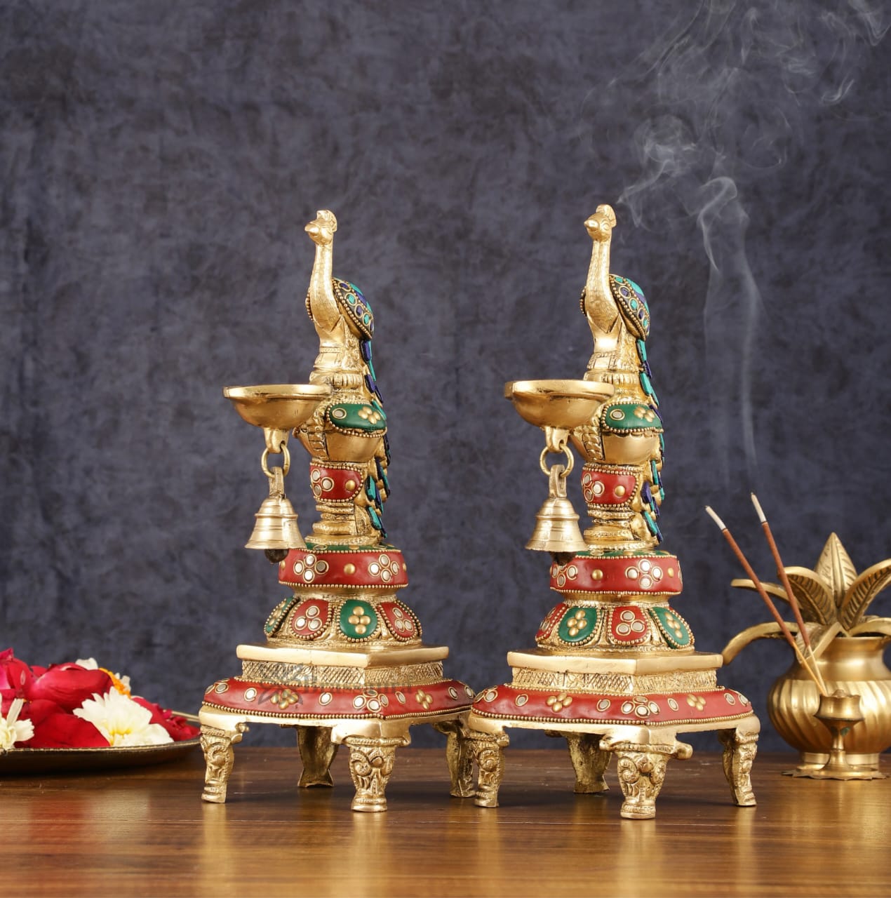 Brassaura™ Pair of Brass Peacock Diyas with Meenakari – Height 11 Inches | Traditional Brass Lamps, 4.63 Kgs