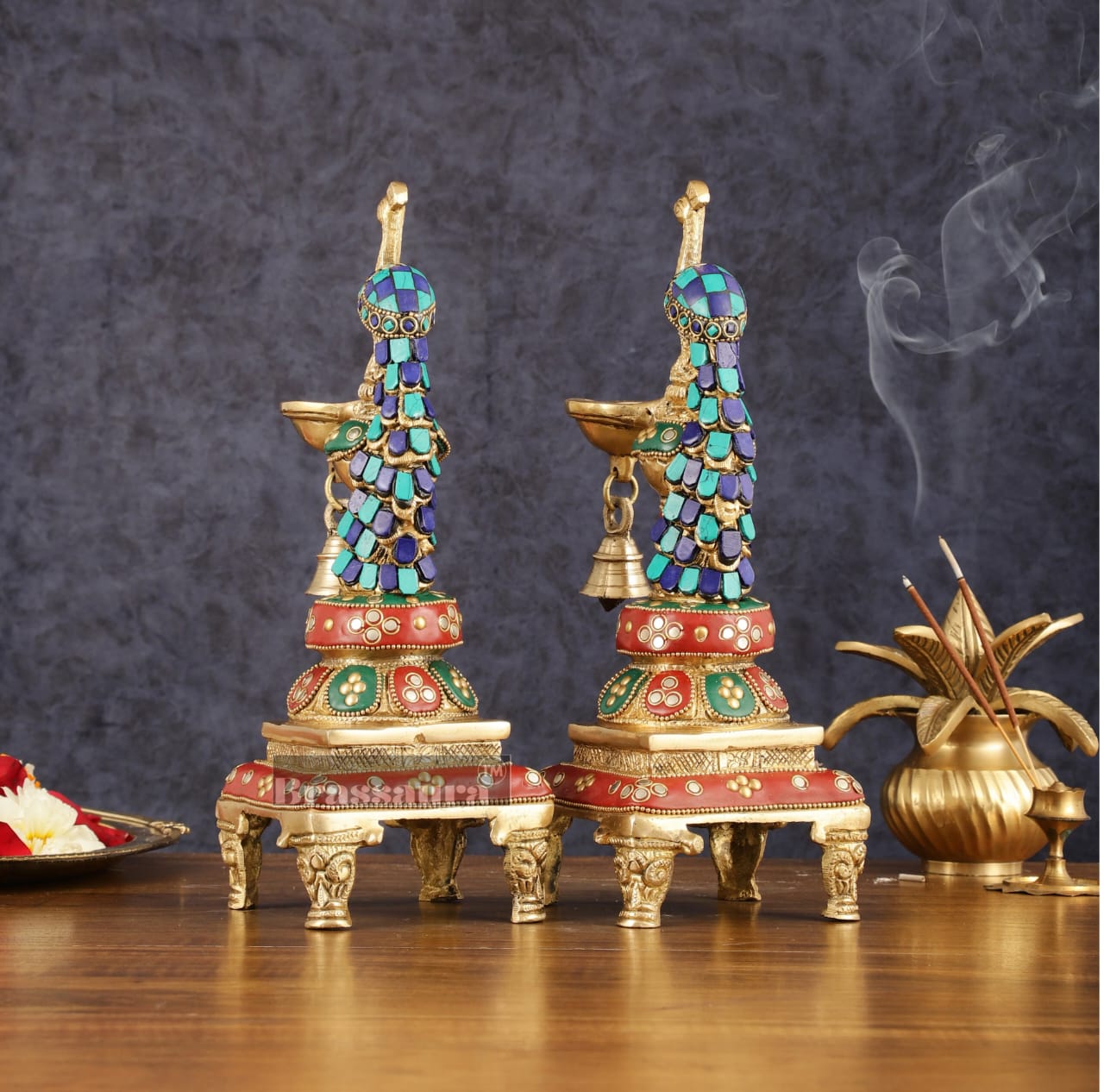 Brassaura™ Pair of Brass Peacock Diyas with Meenakari – Height 11 Inches | Traditional Brass Lamps, 4.63 Kgs