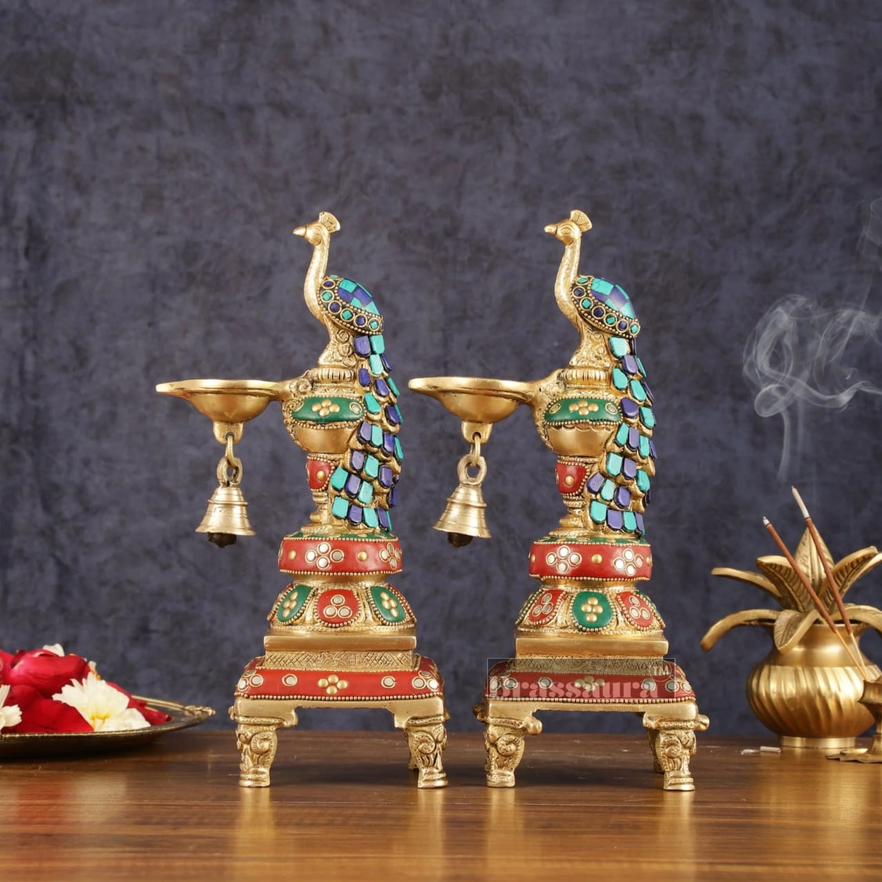 Brassaura™ Pair of Brass Peacock Diyas with Meenakari – Height 11 Inches | Traditional Brass Lamps, 4.63 Kgs