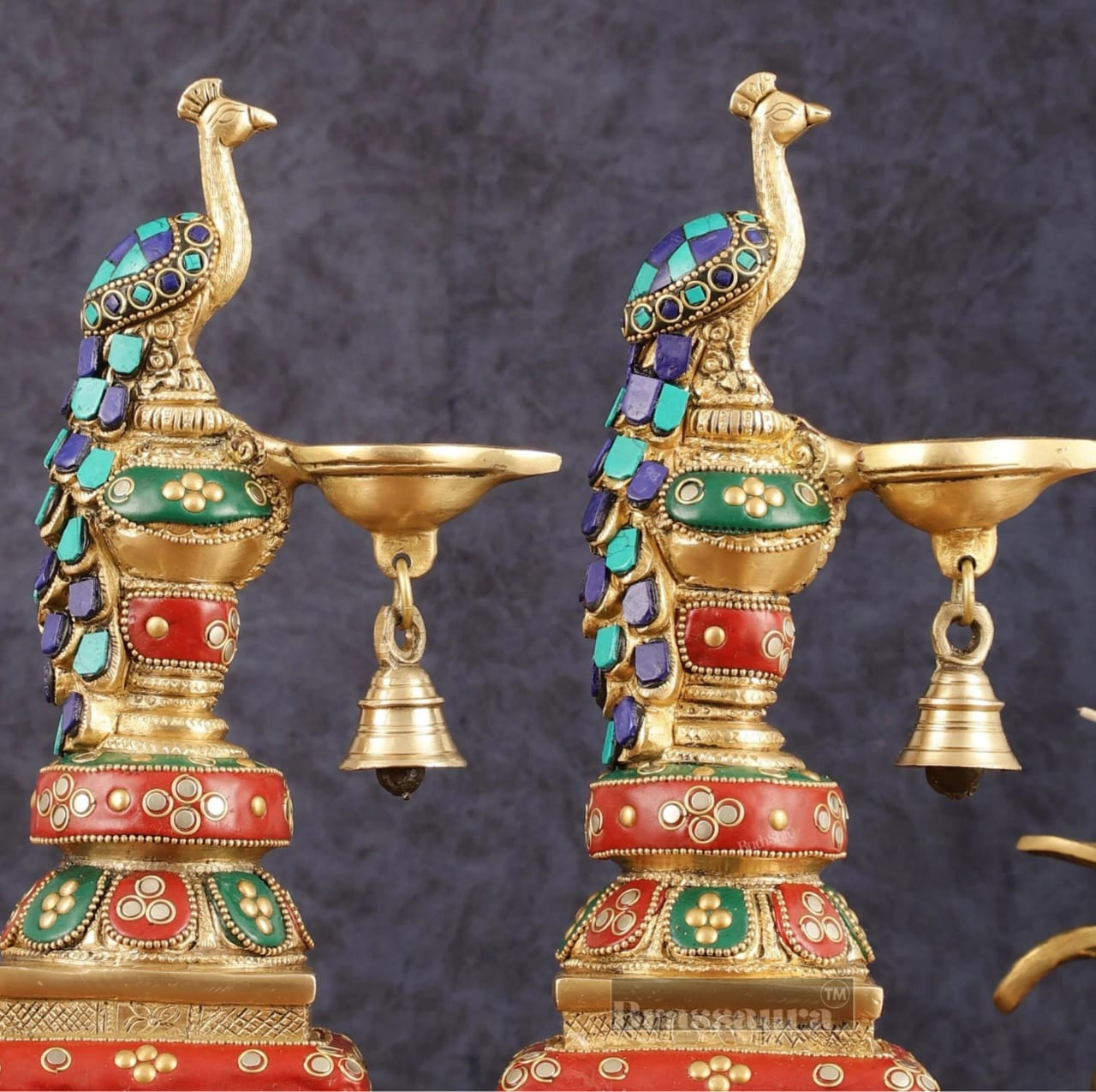 Brassaura™ Pair of Brass Peacock Diyas with Meenakari – Height 11 Inches | Traditional Brass Lamps, 4.63 Kgs
