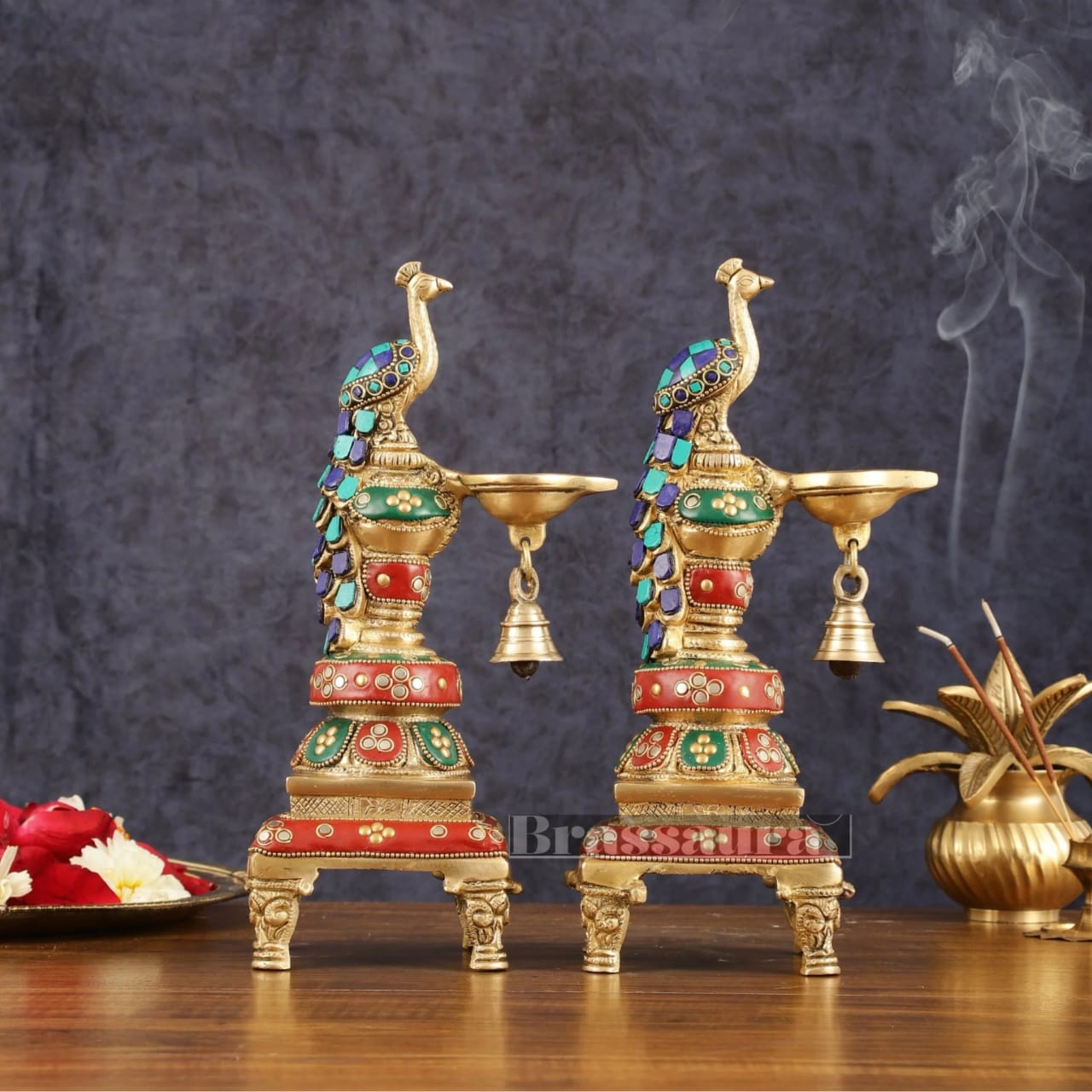 Brassaura™ Pair of Brass Peacock Diyas with Meenakari – Height 11 Inches | Traditional Brass Lamps, 4.63 Kgs