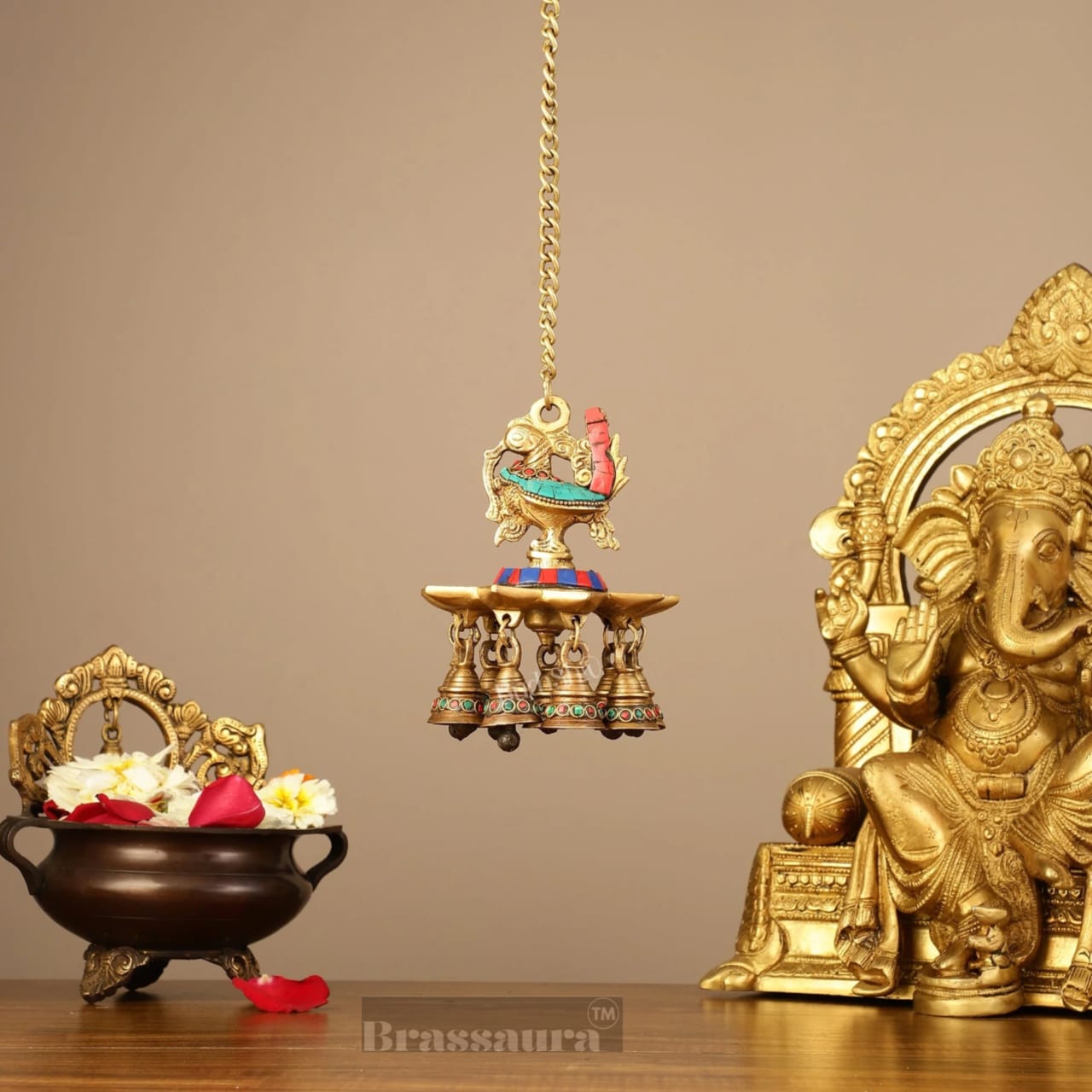 Brassaura™ Brass Hanging Peacock Diya with Stonework – Height 6 Inches | Hanging Lamp with Bells & Chain, Total Length 20 Inches , Weight 1.25kgs